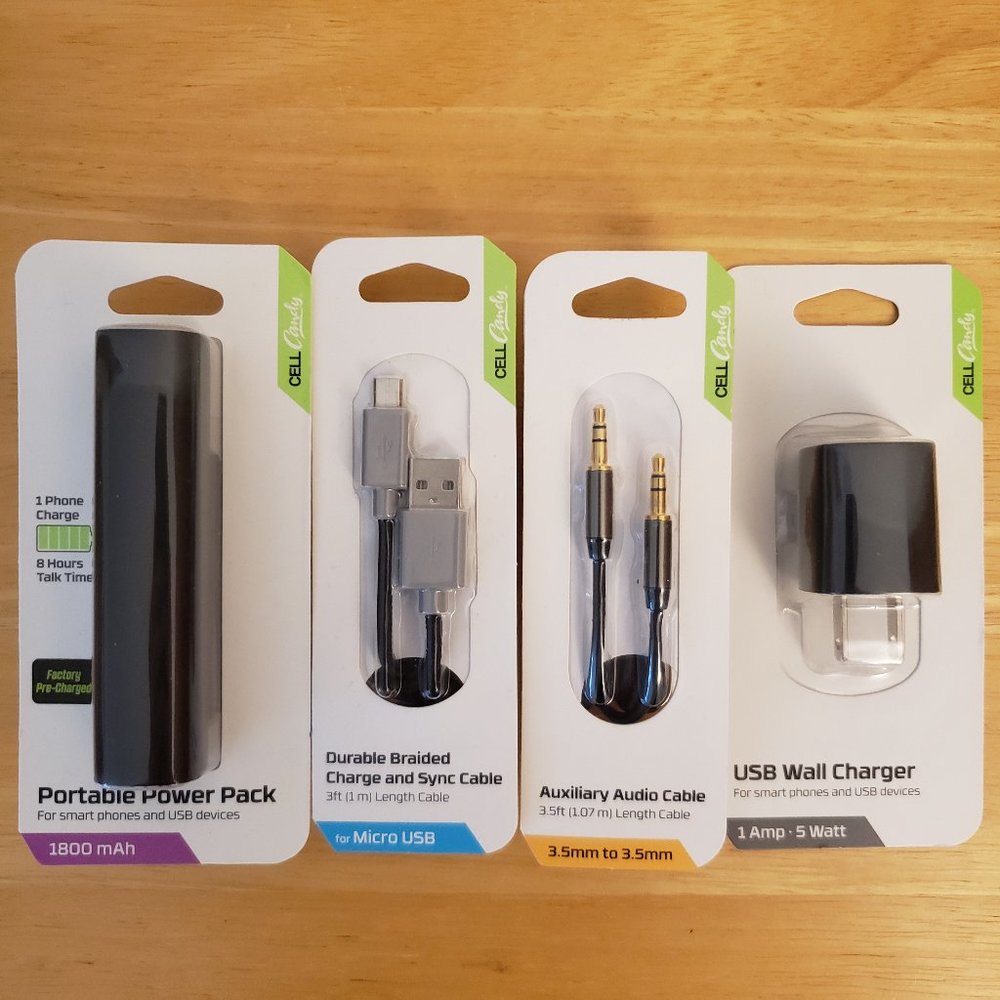 CELLCandy Portable Power Pack, Charger and Sync Cable, Audio Cable, Wall Charger
